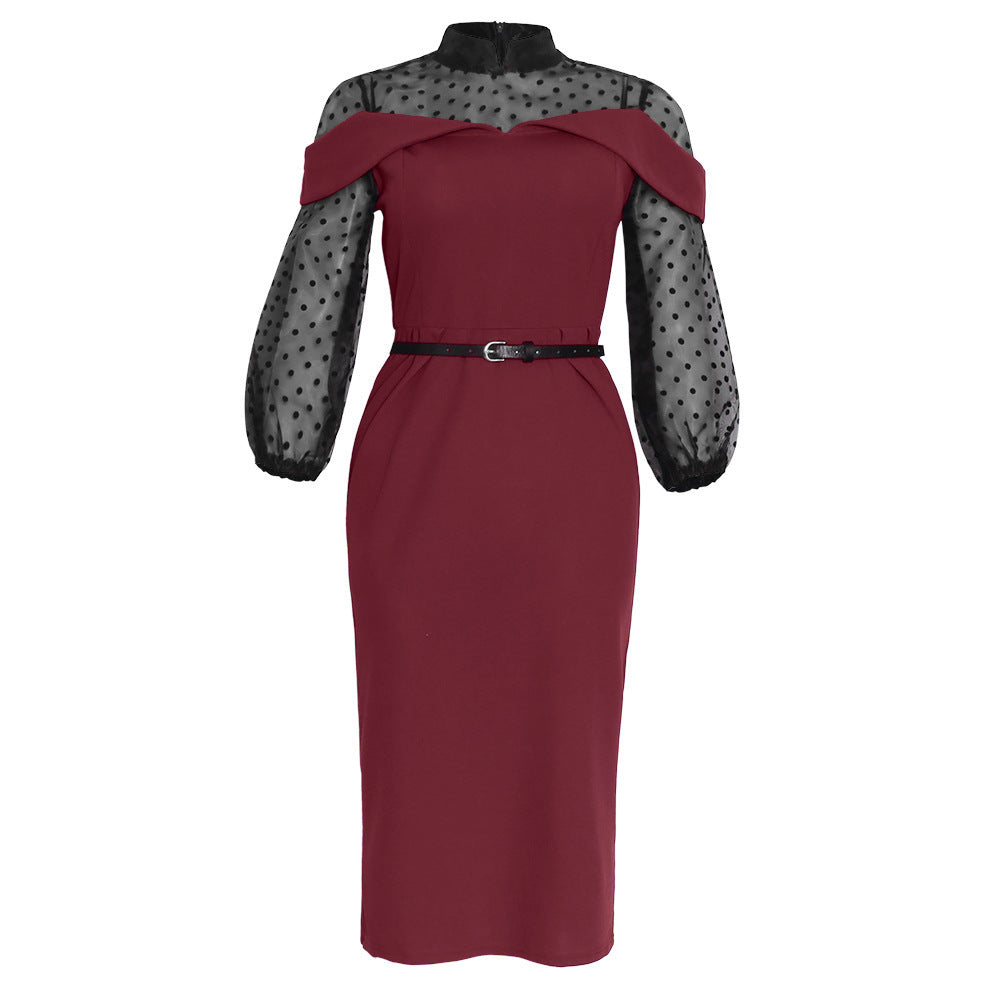 New African Polka Dot Lace Hollow Out Perspective Dress With Lantern Sleeves And Fake Two-Piece Buttock Wrap Slim Dress
