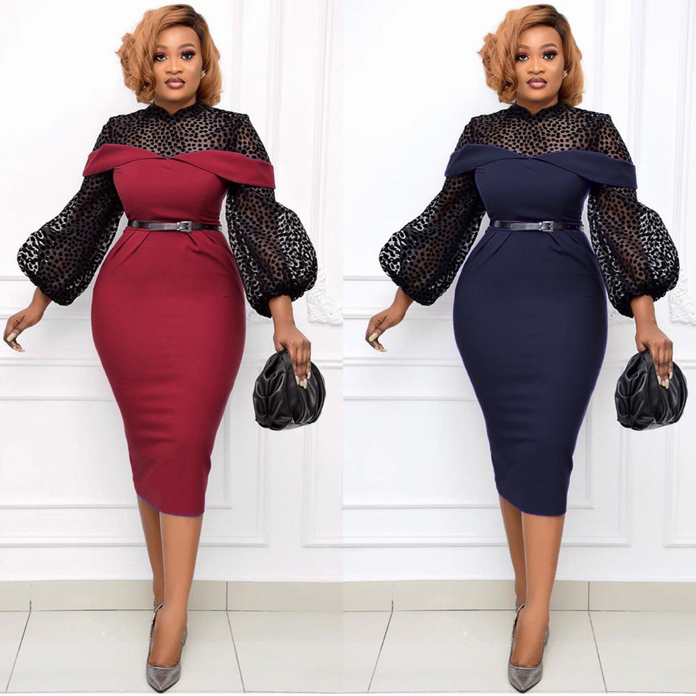 New African Polka Dot Lace Hollow Out Perspective Dress With Lantern Sleeves And Fake Two-Piece Buttock Wrap Slim Dress