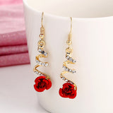Flower Long Earrings Wild Red Rose Flower Long Rhinestone Tassel Earrings Earrings