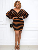 African Stripe Stitching Sexy V-Neck Bag Hip Dress Belt