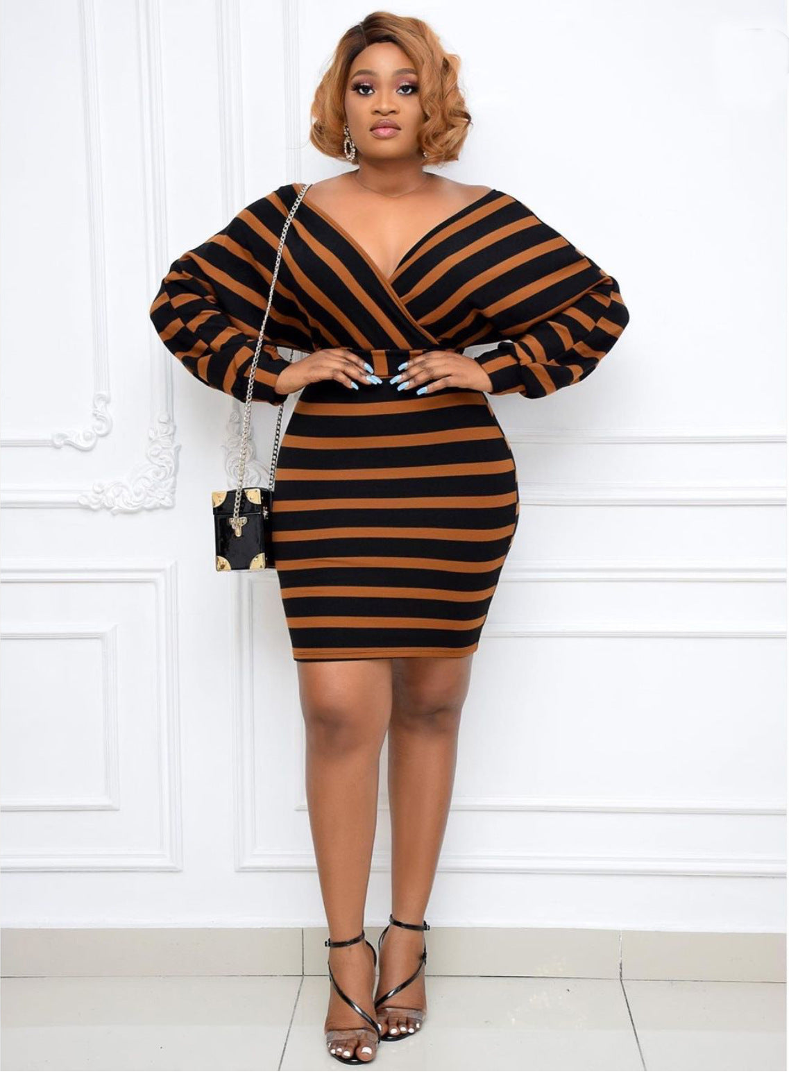 African Stripe Stitching Sexy V-Neck Bag Hip Dress Belt