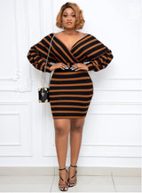 African Stripe Stitching Sexy V-Neck Bag Hip Dress Belt