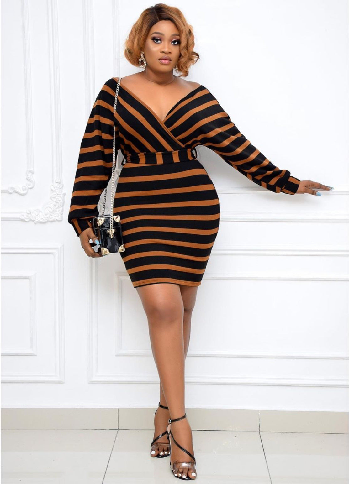 African Stripe Stitching Sexy V-Neck Bag Hip Dress Belt