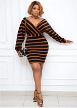 African Stripe Stitching Sexy V-Neck Bag Hip Dress Belt