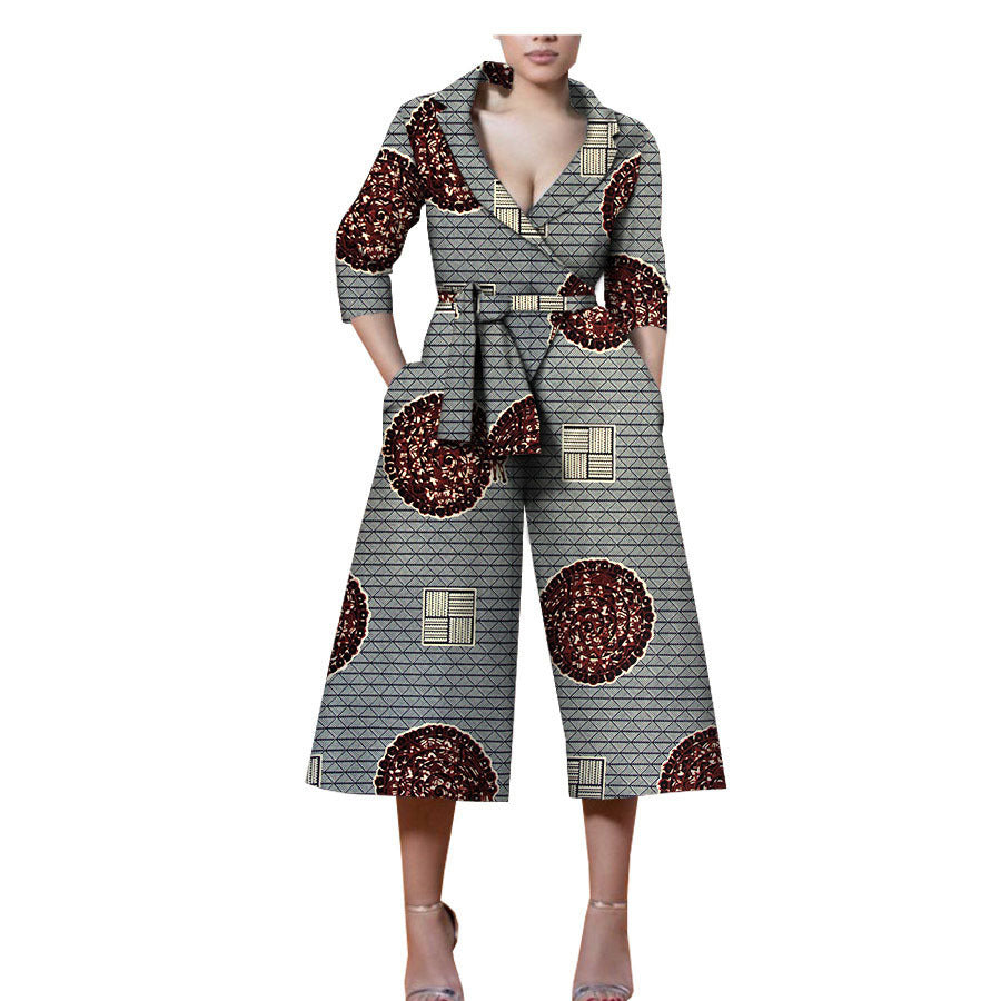 New Style African Ethnic Characteristic Batik Printed Cotton Casual Jumpsuit