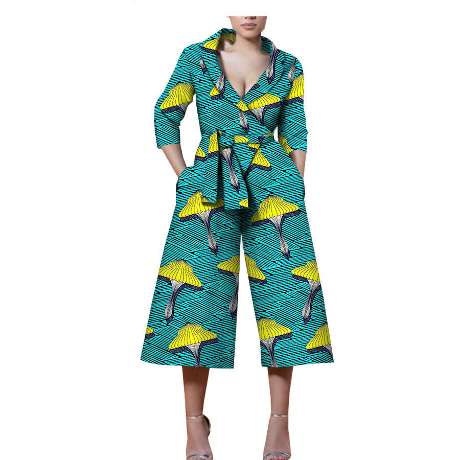 New Style African Ethnic Characteristic Batik Printed Cotton Casual Jumpsuit