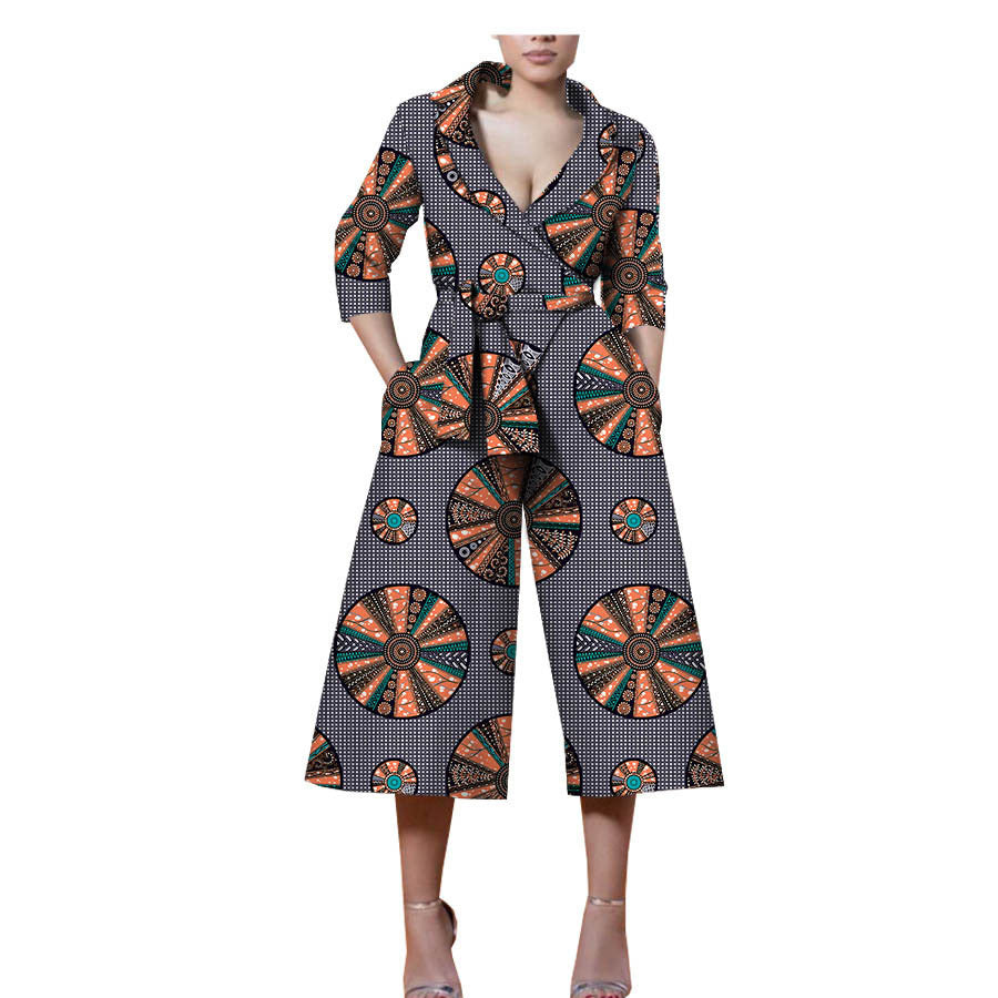New Style African Ethnic Characteristic Batik Printed Cotton Casual Jumpsuit