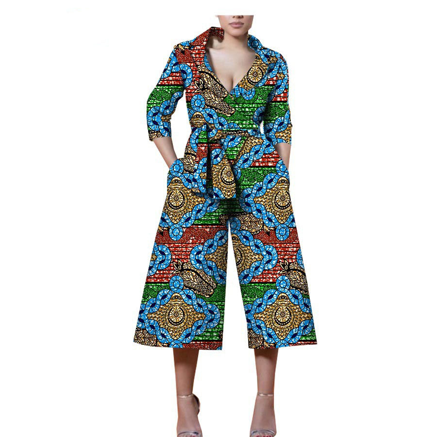 New Style African Ethnic Characteristic Batik Printed Cotton Casual Jumpsuit