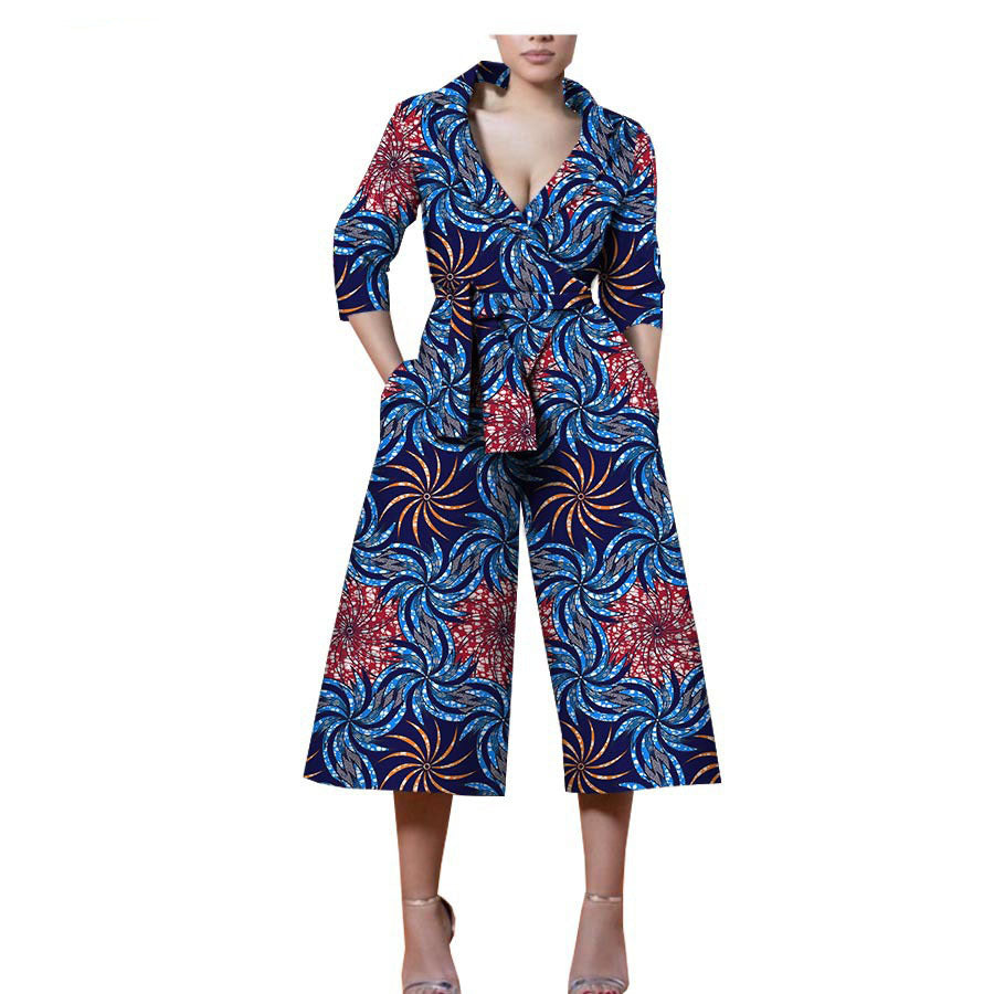 New Style African Ethnic Characteristic Batik Printed Cotton Casual Jumpsuit