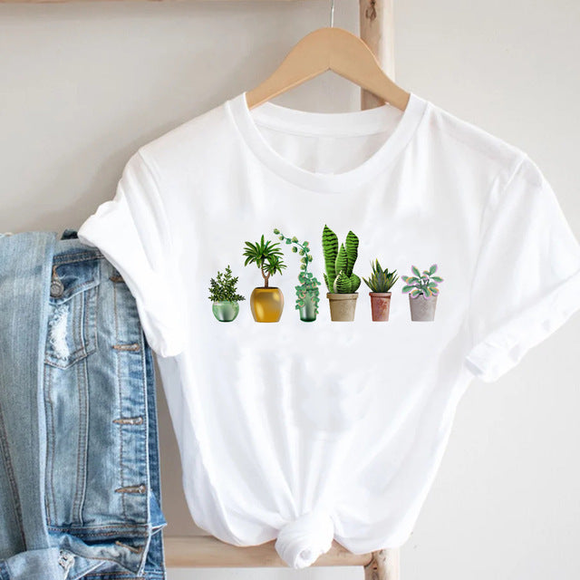 Cactus Cartoon Sweet Lady Street Fashion Clothing Printed Tee T-Shirt