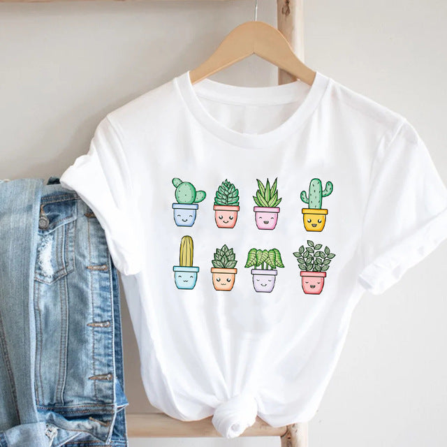 Cactus Cartoon Sweet Lady Street Fashion Clothing Printed Tee T-Shirt