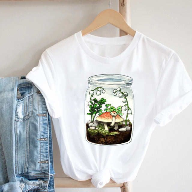 Cactus Cartoon Sweet Lady Street Fashion Clothing Printed Tee T-Shirt