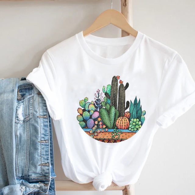 Cactus Cartoon Sweet Lady Street Fashion Clothing Printed Tee T-Shirt