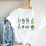 Cactus Cartoon Sweet Lady Street Fashion Clothing Printed Tee T-Shirt