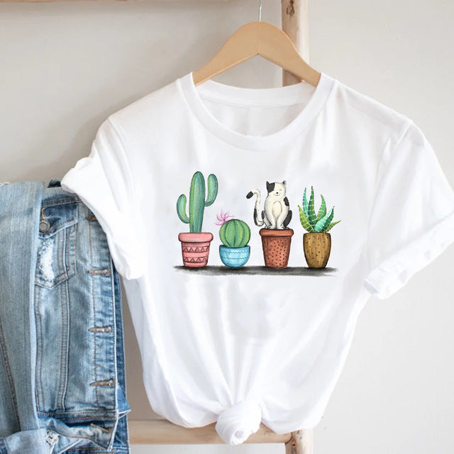 Cactus Cartoon Sweet Lady Street Fashion Clothing Printed Tee T-Shirt