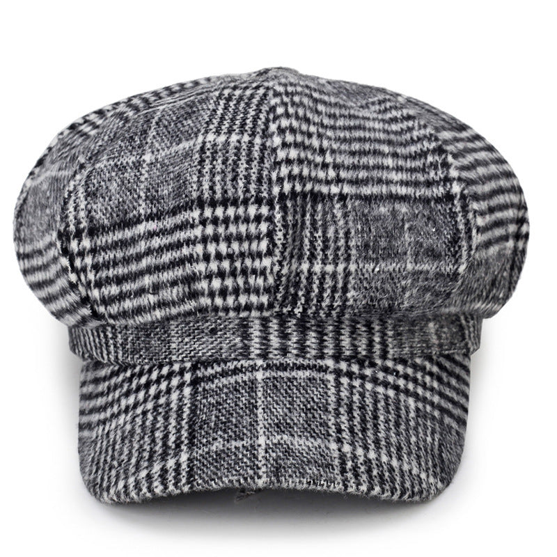 Ladies Casual Fashion Woolen Plaid Newsboy Hat