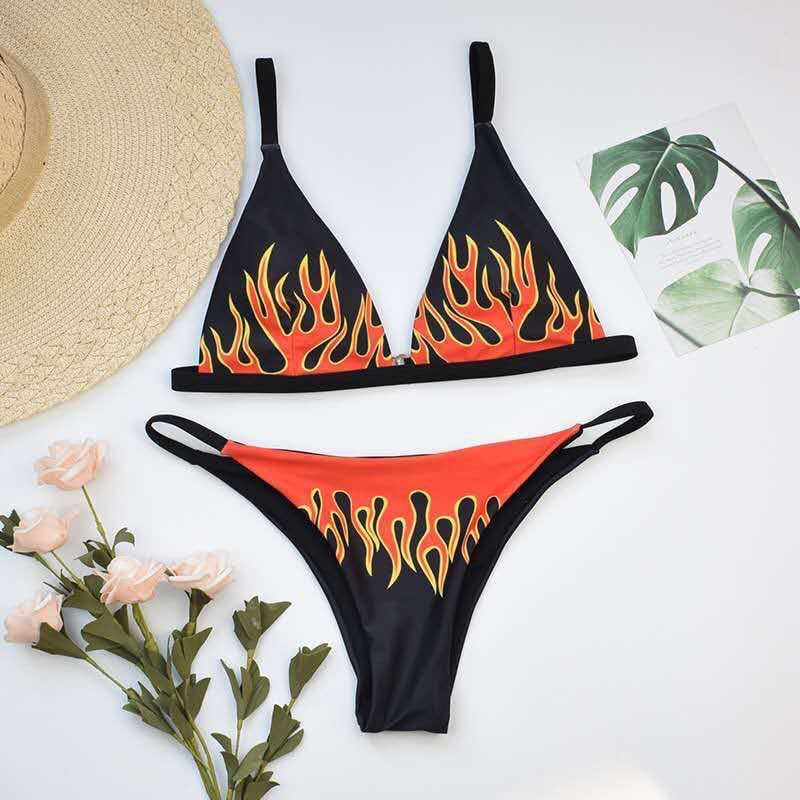 New Style Bikini European And American Foreign Trade Sexy Multicolor National Wind Flame Printing Ladies Swimsuit