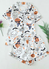 Women Halloween Satin Pajama Set Ghost Pumpkin Print Top With Shorts Sleepwear