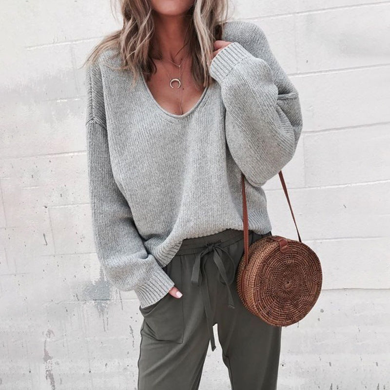 V-Neck Long Sleeve Sweater Casual Fashion Women's T-Shirt