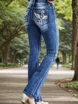 Women's Versatile And Fashionable Stretch Denim Bell Bottoms, Retro Street Style, Comfortable Embroidered Casual Jeans, Suitable For Daily Wear