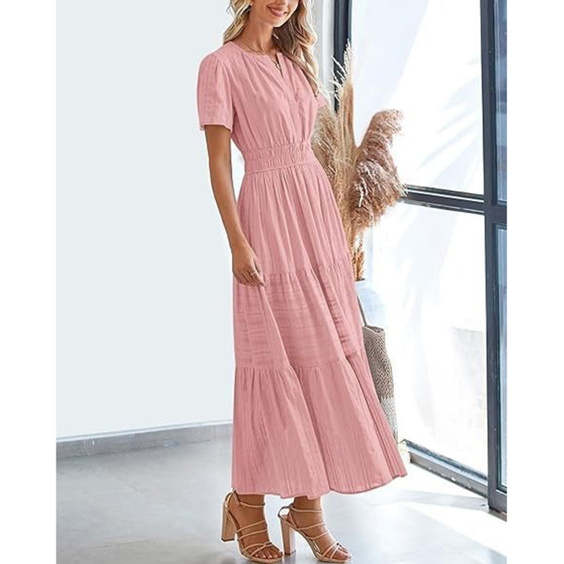 Women's Summer Short Sleeve V Neck Swing Dress Flowy Pleated Tiered Maxi Beach Sundress With Pockets