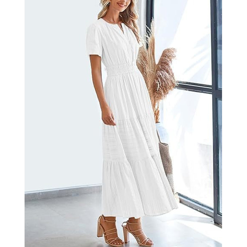 Women's Summer Short Sleeve V Neck Swing Dress Flowy Pleated Tiered Maxi Beach Sundress With Pockets