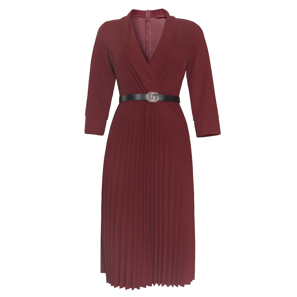 African women's V-neck pleated skirt dress with belt