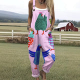 Female Digital 3D Printing Button Casual Suspender Trousers