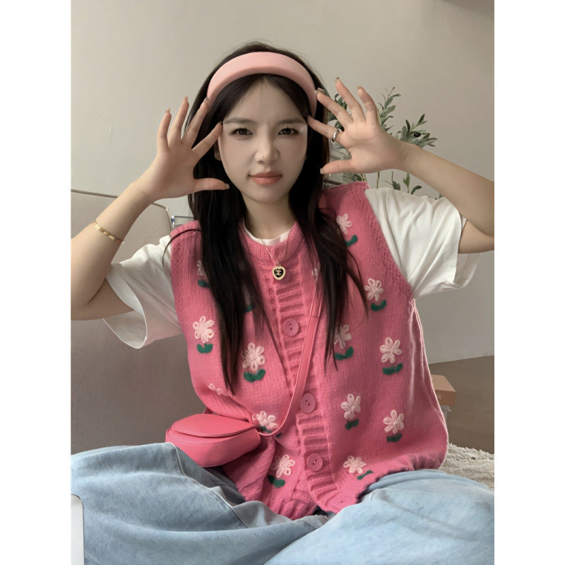 Embroidery Flower Knitted Vest Cardigan Sweet Sweater
