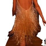 Sexy Women Clothing V-neck Strap Gold Glitter Tassel Sequins Dress