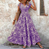 Women's Sexy V-Neck Short Sleeve Maxi Dress Summer Prints And Flowy Big Hem Beach Dresses
