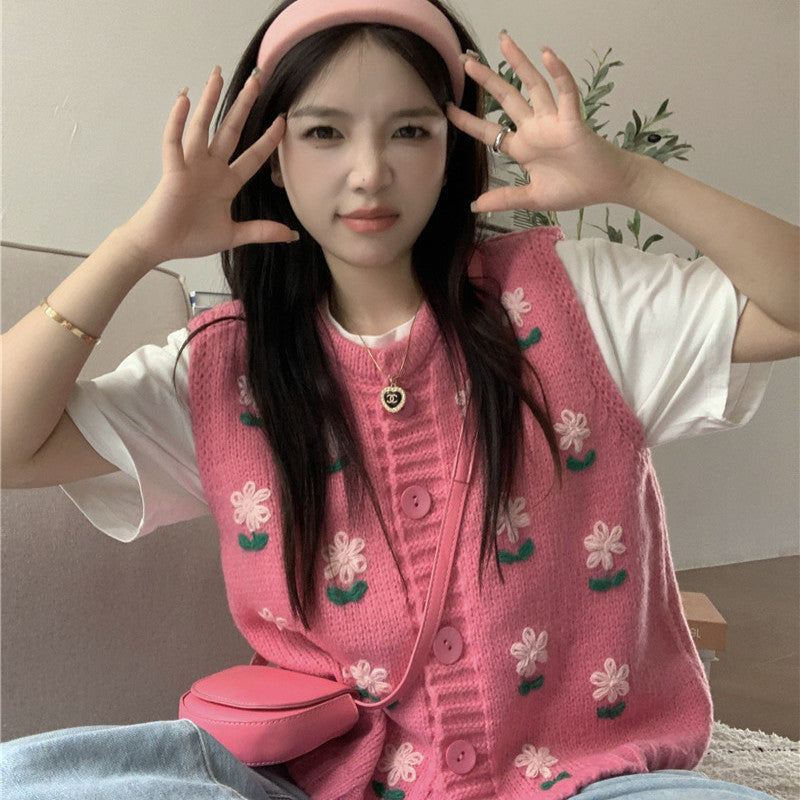 Embroidery Flower Knitted Vest Cardigan Sweet Sweater