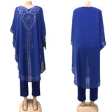 African Women's Hot Drilling Large Size Chiffon Round Neck Blouse And Pants 3-piece Set
