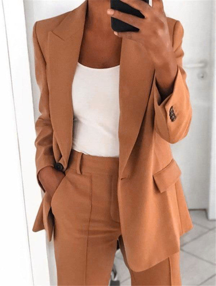 Ins Button Casual Suit Fashion Long-sleeved Lapel Blazer Jacket And Slim-fit Pocket Trousers For Women Clothing