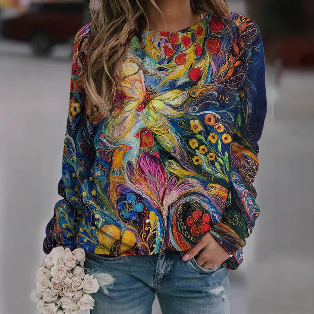 Casual Fashion Loose Ethnic Style Retro Long Sleeve Crew Neck Pullover Sweatshirt