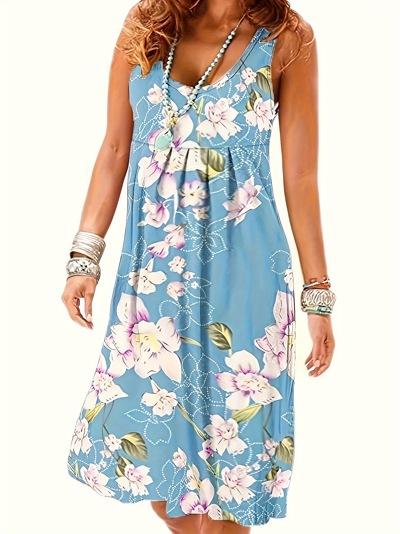 Self-pick-up Plus Size Women's Printed V Neck Micro Stretch Tank Dress Fashion Casual Dresses  Only Self-pickup Is Supported