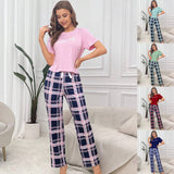 Short Sleeve Plaid Cropped Pants Casual