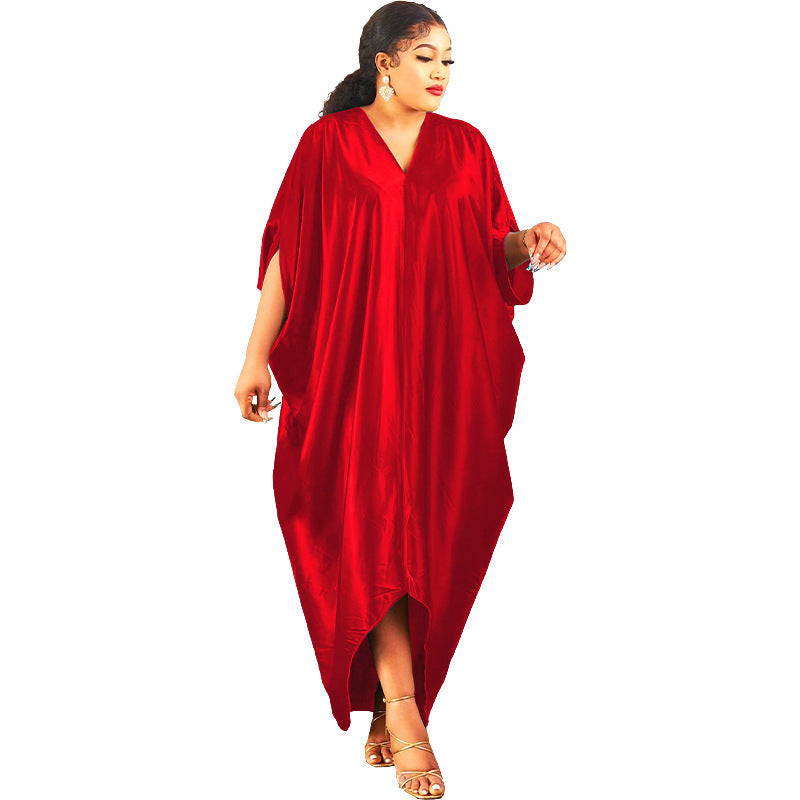 Women's African Plus Size Muslim Solid Color V-Neck Dress