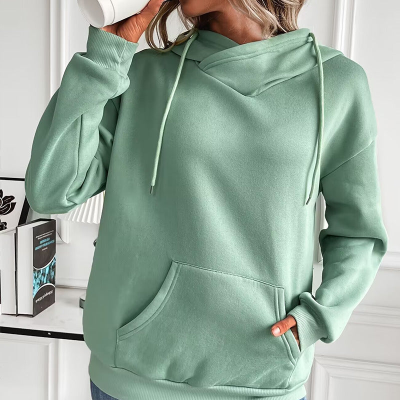 Solid Color Hooded Drawstring Front Pocket Long Sleeve Sweater