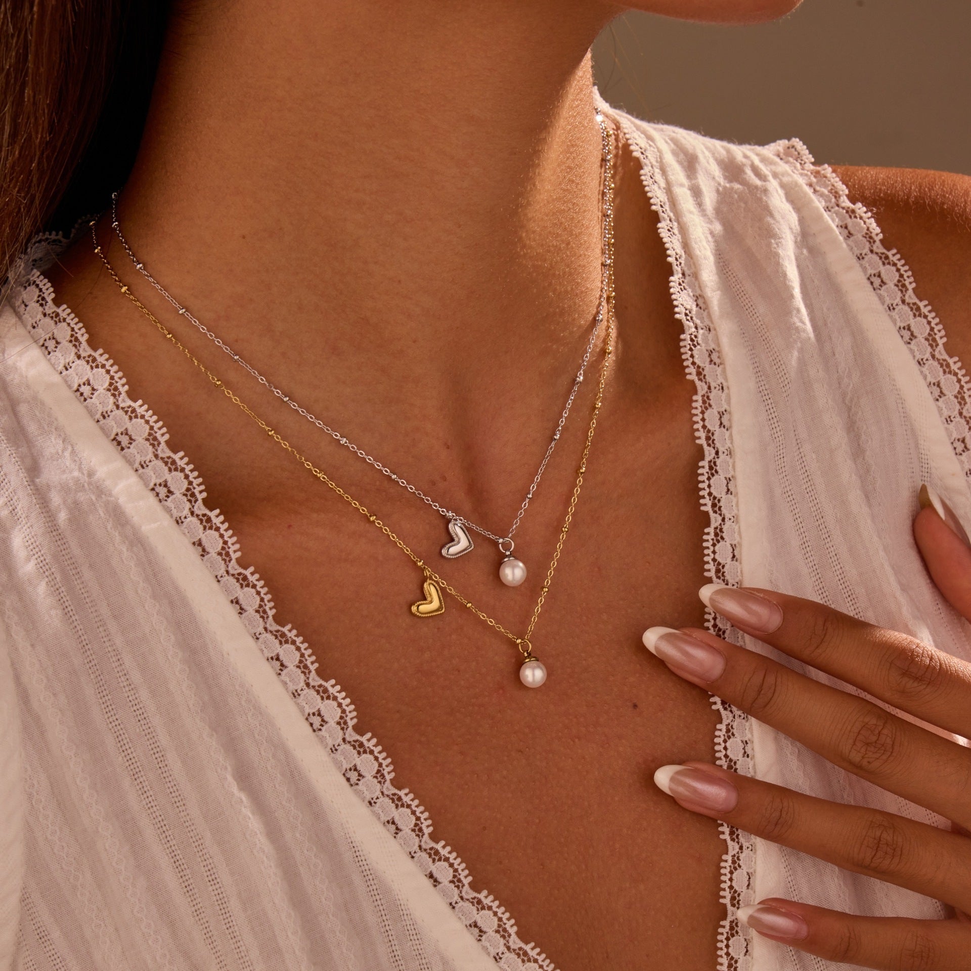 Ins Fashion Pearl Heart Pendant Clavicle Chain Stainless Steel
