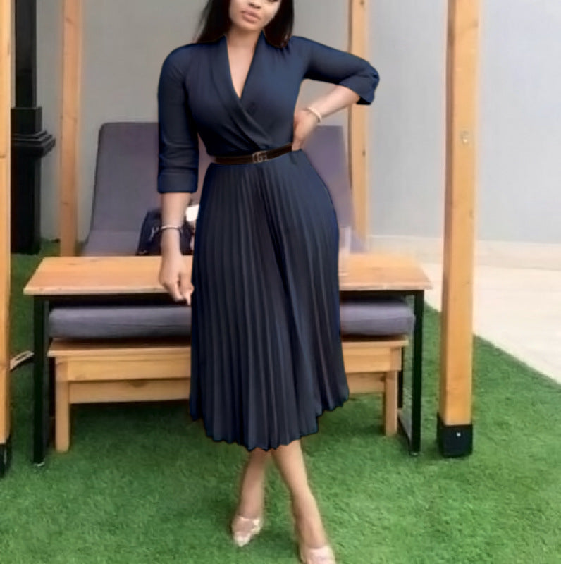 African women's V-neck pleated skirt dress with belt