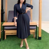 African women's V-neck pleated skirt dress with belt