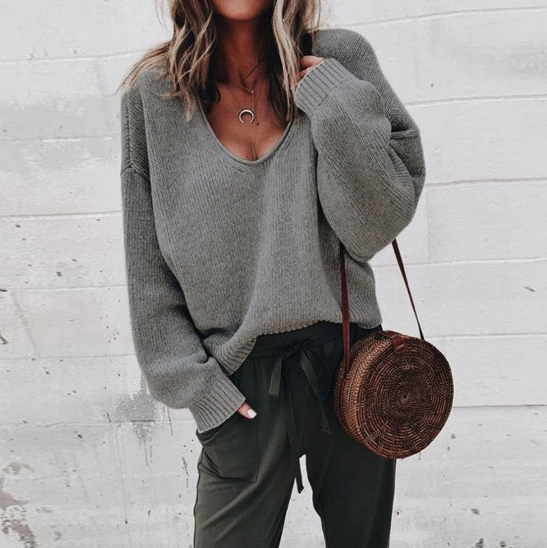 V-Neck Long Sleeve Sweater Casual Fashion Women's T-Shirt