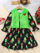 Toddler Kids Baby Girl Christmas Dress Outifts, Long Sleeves Cartoon Prints Party Dress With Heart Print Vest Coat Xmas Clothes Set