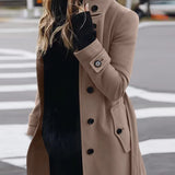 Autumn Winter New Woolen Coat Women's Slim Fit Cardigan Large Coat Women Long Sleeve Single Breasted Stand Collar Woolen Coat