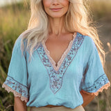Women's Bohemian Retro Floral Linen-Blend T-Shirt
