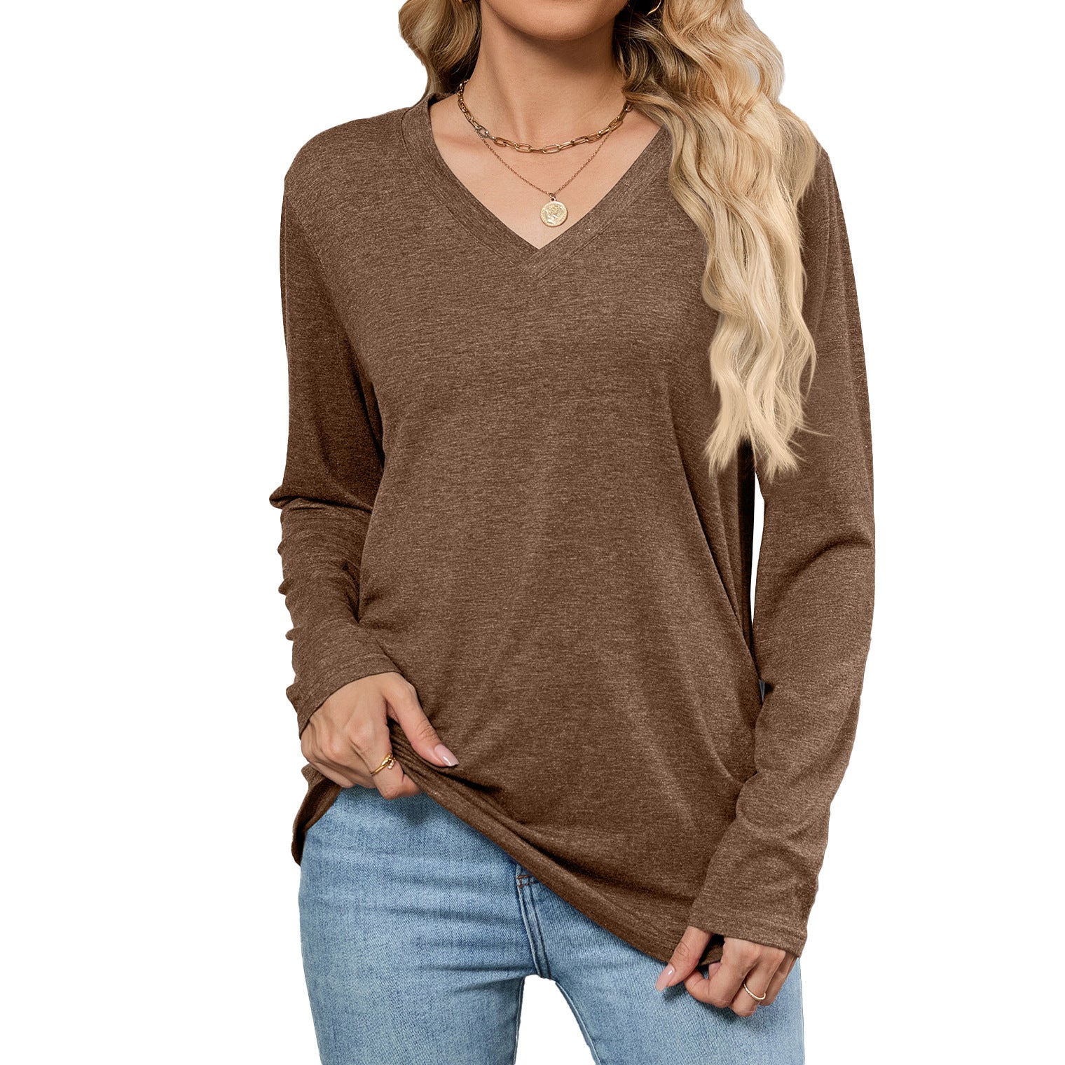 Leisure Pullover V-neck Solid Color Loose Long Sleeves
