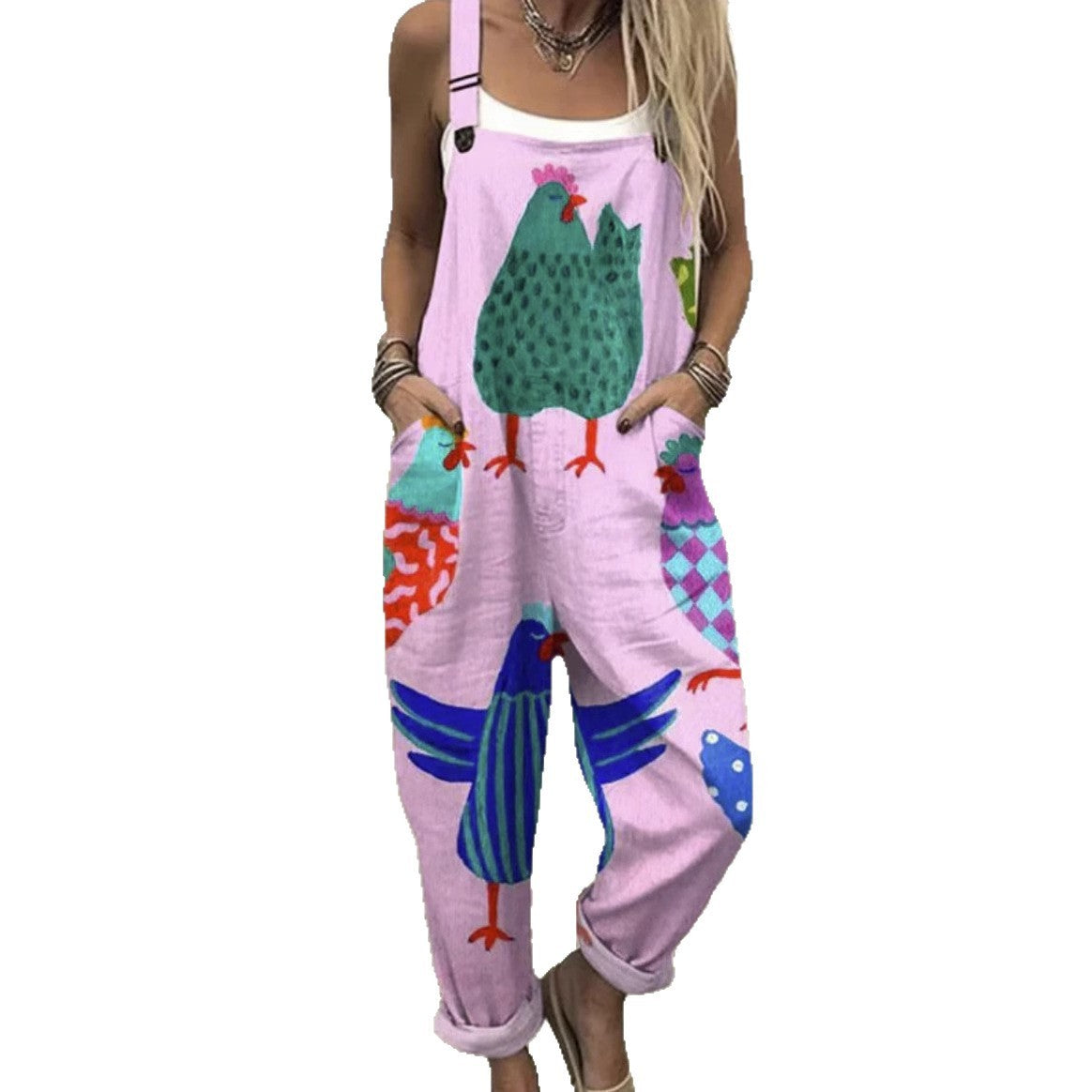Female Digital 3D Printing Button Casual Suspender Trousers