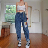 Women's loose printed blue trousers jeans
