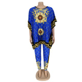 African Plus Size Women's Printed Round Neck Pullover Sweater Stretch Pants Suit